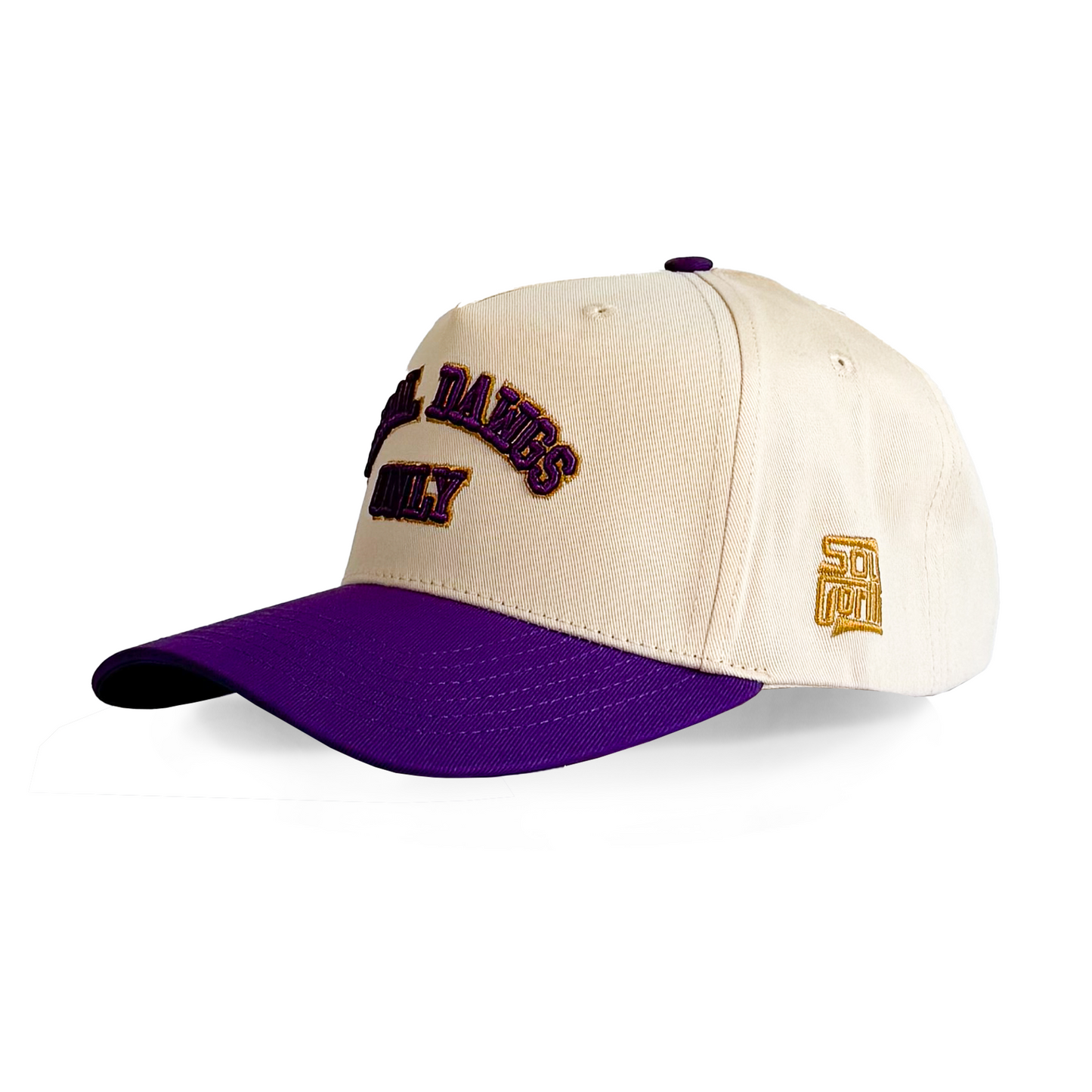 "Real Dawgs Only" Varsity Lettering| Purple, Gold and Cream Snapback