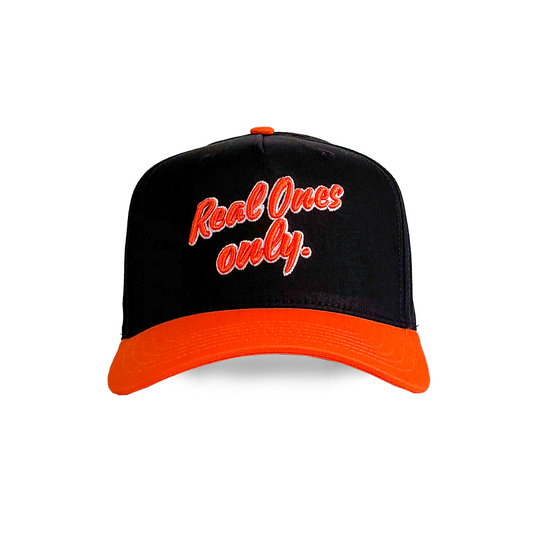 "Real Ones Only" Cursive| Orange & White on Black Snapback